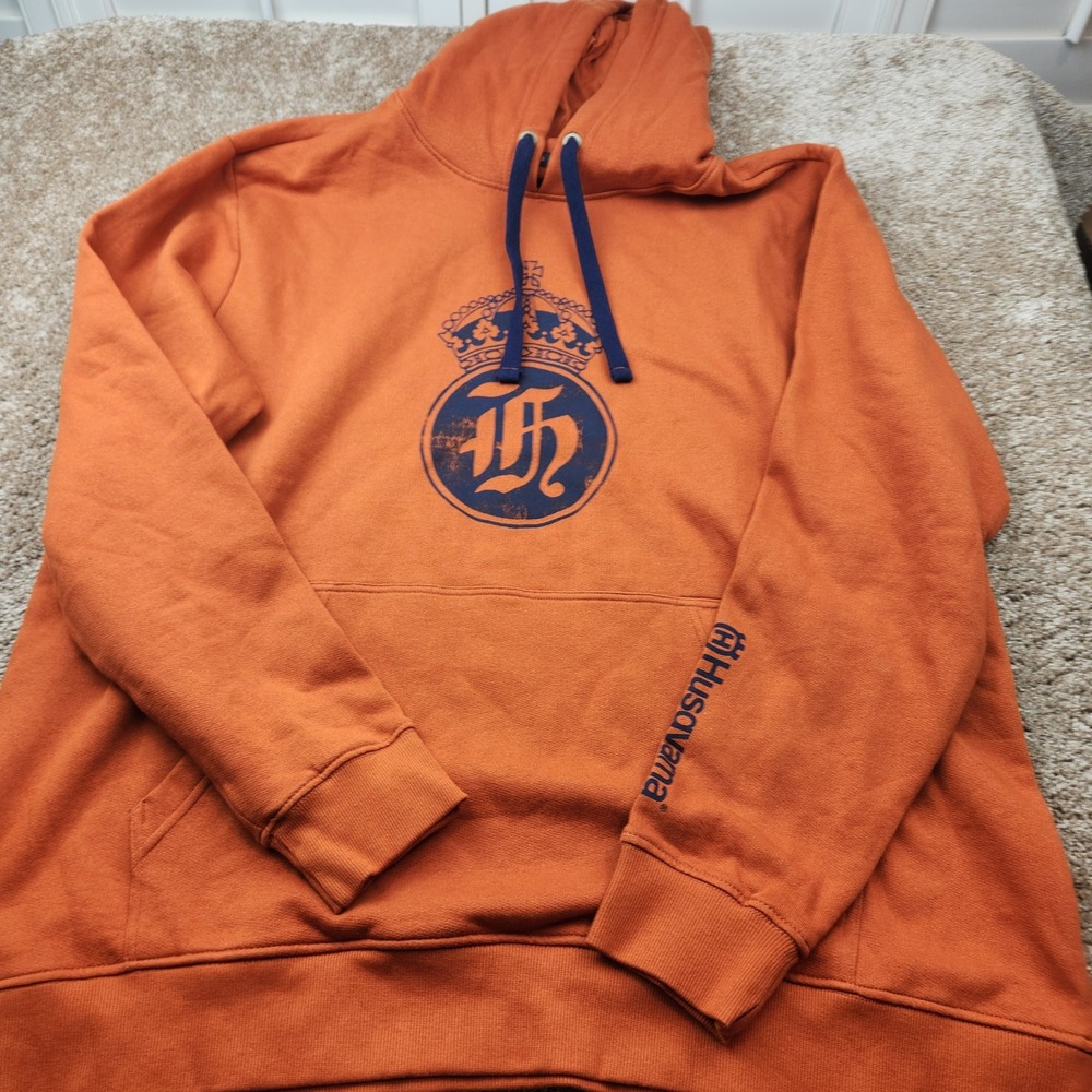 Husqvarna Stiftare Mens XL Orange Graphic Pullover Hoodie Sweatshirt Logo Crown